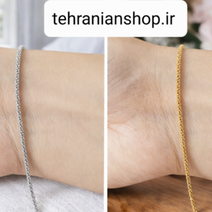 دستبند خاویاری طلایی و نقره‌ای روی مچ دست، جلوه شیک و ظریف